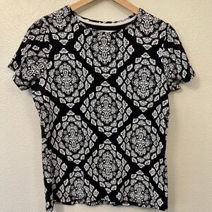 Croft & Barrow Women's Boho Print Cotton T-shirt Black Beige Summer Size M EUC